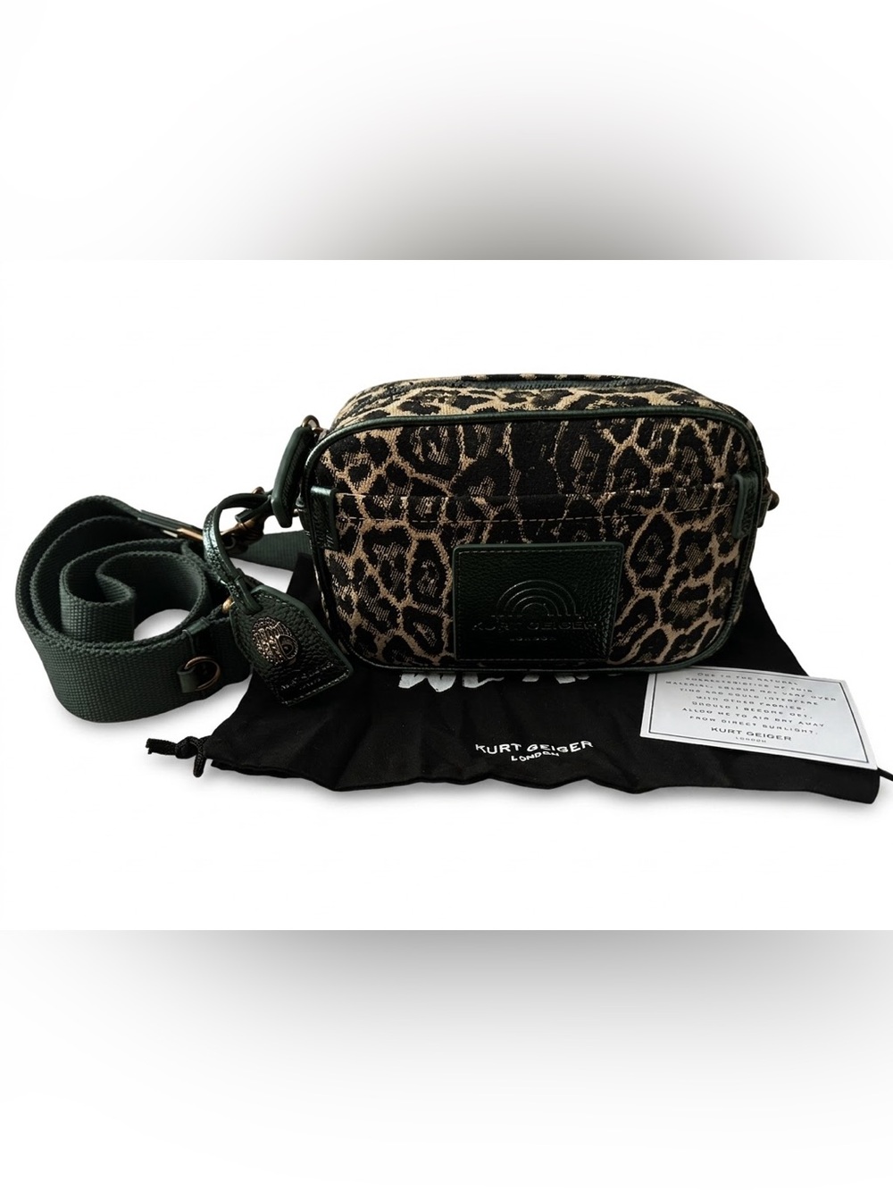 NWOT Kurt Geiger London Green & Leopard Print Jacquard Camera Crossbody Dust Bag - Picture 4 of 6